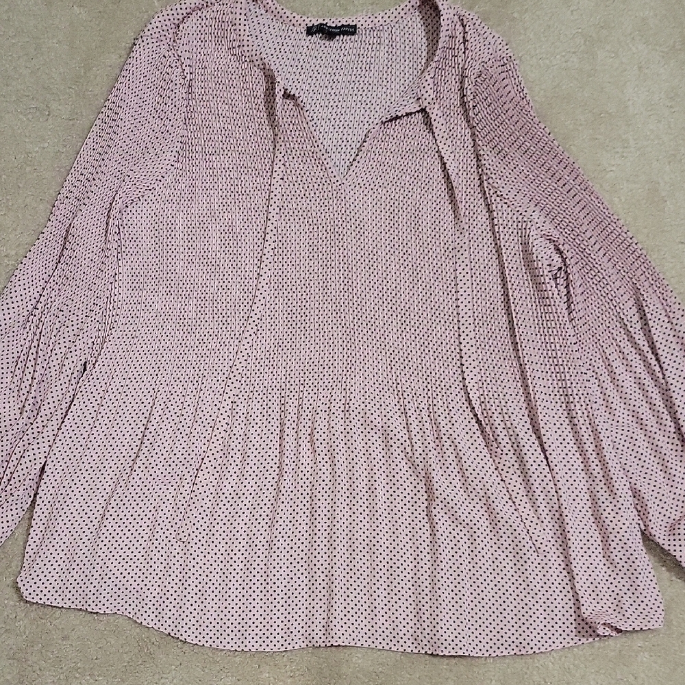 Adrianna Papell Pale Pink Black Polka Dot Pleated Tie Neck Blouse